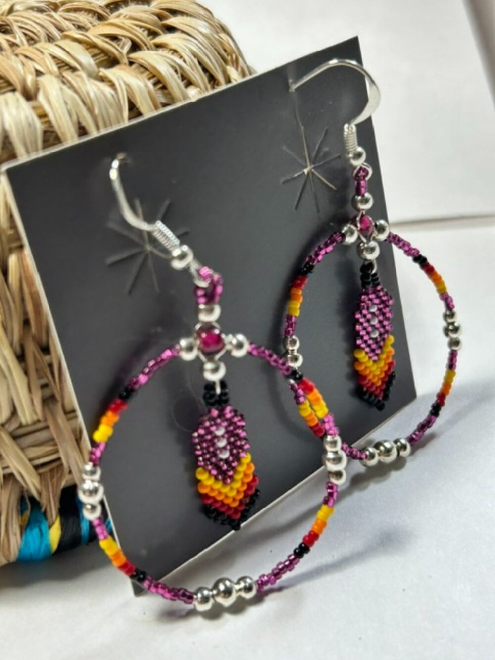 Handmade Native-Style Beaded Hoop Earrings with Feather Centerpiece